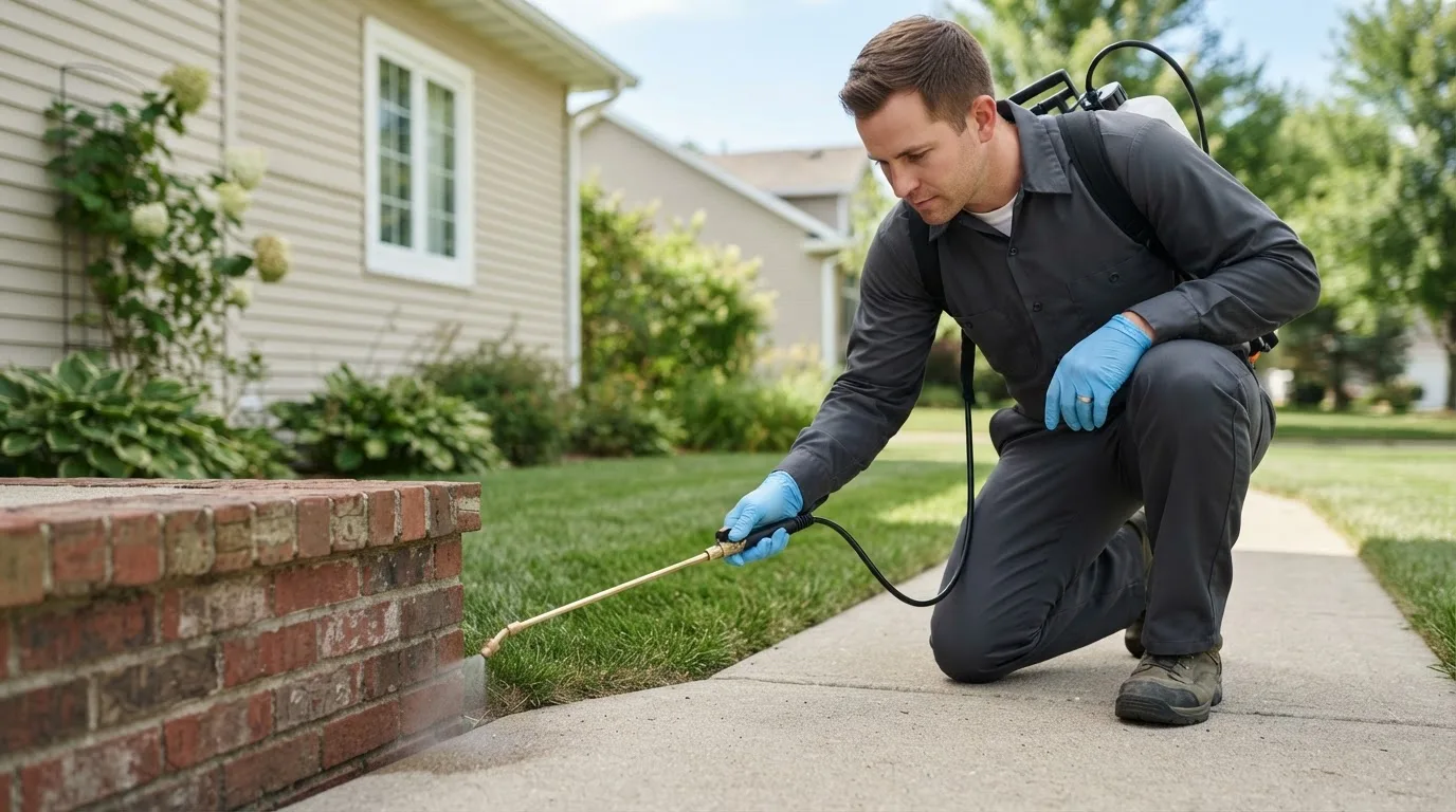 Pest control technician treating a home near Windsor, CT